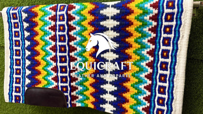 Western Show Saddle Pad | White Rainbow Multicolor Wool Blanket | Hand-Woven Southwestern Horse Saddle Pad | Colorful Show Pad