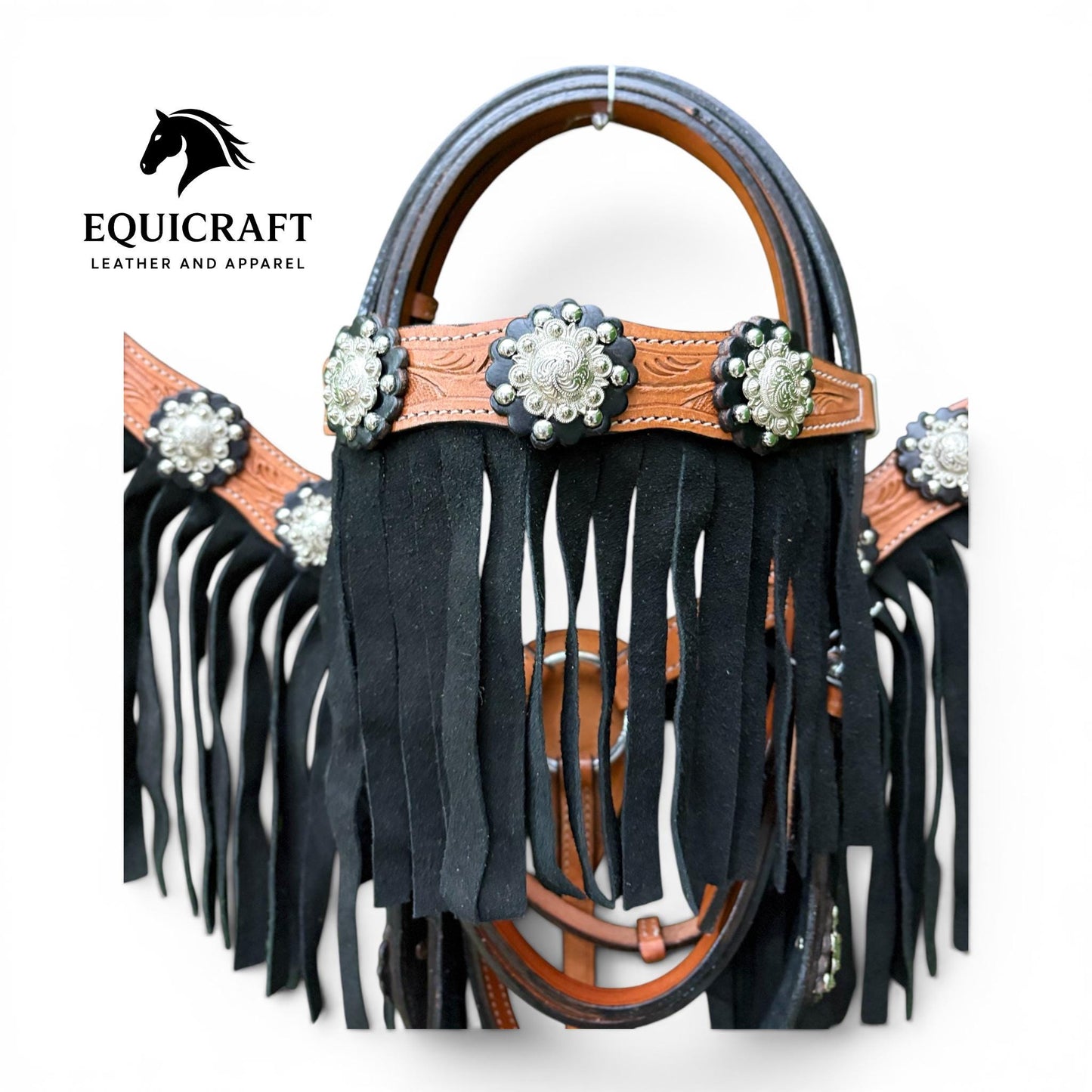 Tan Black Fringe Western Headstall & Breast Collar Set – Silver Concho Tooled Horse Tack | Barrel Racing Rodeo Gear