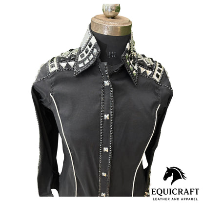 Black Crystal Western Show Shirt – Women's Rodeo Queen Equestrian Top | Rhinestone Showmanship Horsemanship Apparel