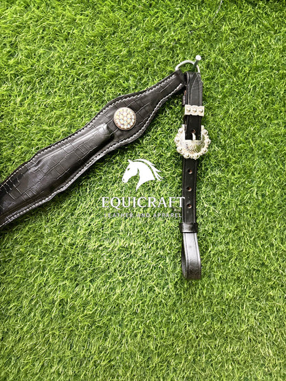 Black Crocodile Print Leather Western Headstall & Breast Collar Set – Crystal Concho Horse Tack | Barrel Racing Rodeo