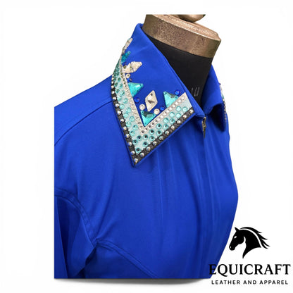 Womens Western Show Shirt | Royal Blue Rhinestone Turquoise Crystal Collar | Ladies Zip Showmanship Shirt | Horse Show Blouse