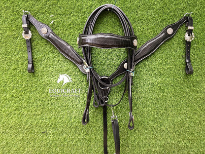 Black Crocodile Print Leather Western Headstall & Breast Collar Set – Crystal Concho Horse Tack | Barrel Racing Rodeo