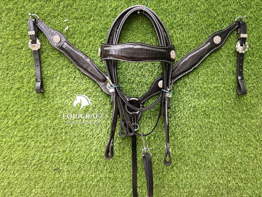 Black Crocodile Print Leather Western Headstall & Breast Collar Set – Crystal Concho Horse Tack | Barrel Racing Rodeo