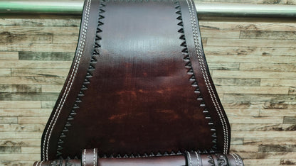 Dark Brown Tooled Leather Western Saddle Bag – Horseshoe Carved Zigzag Border Double Buckle Horse Trail Tack