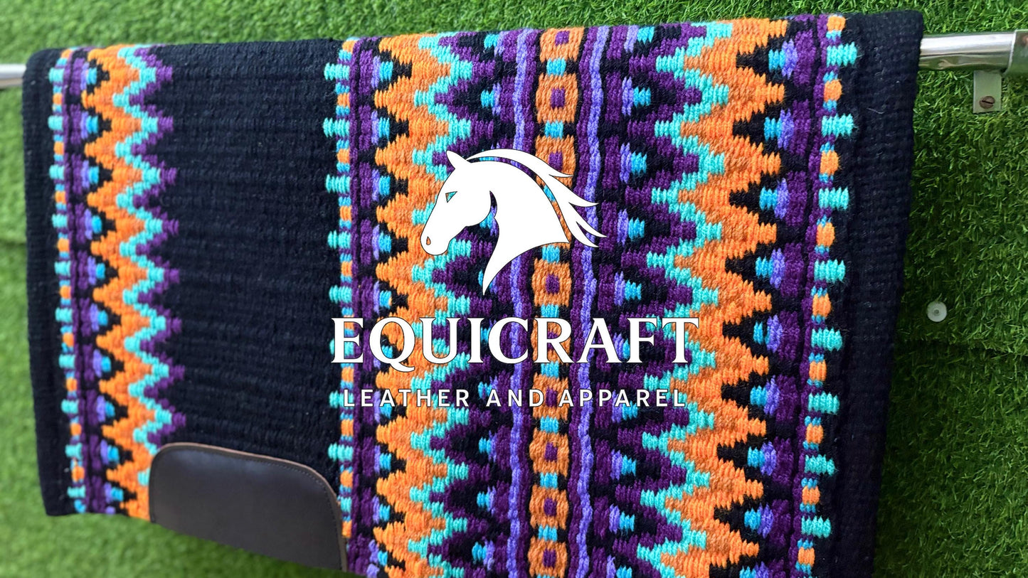 Western Show Saddle Pad | Black Orange Purple Turquoise Wool Blanket | Hand-Woven Southwestern Horse Saddle Pad | Trail Pad Equestrian Gift