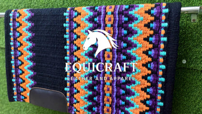 Western Show Saddle Pad | Black Orange Purple Turquoise Wool Blanket | Hand-Woven Southwestern Horse Saddle Pad | Trail Pad Equestrian Gift