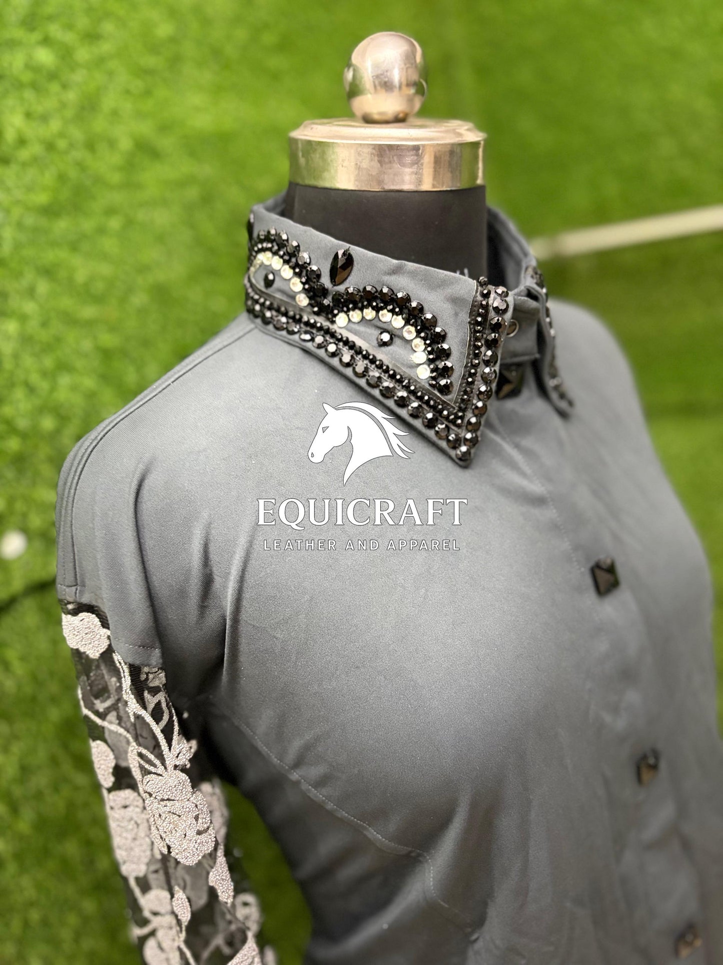 Womens Western Show Shirt | Gray Black Silver Rhinestone Lace Sleeve Showmanship Shirt | Ladies Rodeo Queen Blouse | Horse Show Shirt Gift