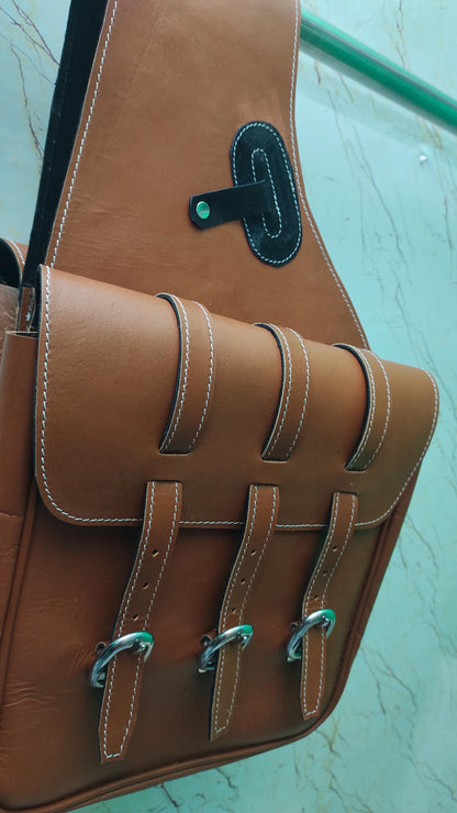 Tan Leather Western Saddle Bag – Triple Buckle Plain Horse Trail Bag | Heavy Duty Cowboy Riding Tack