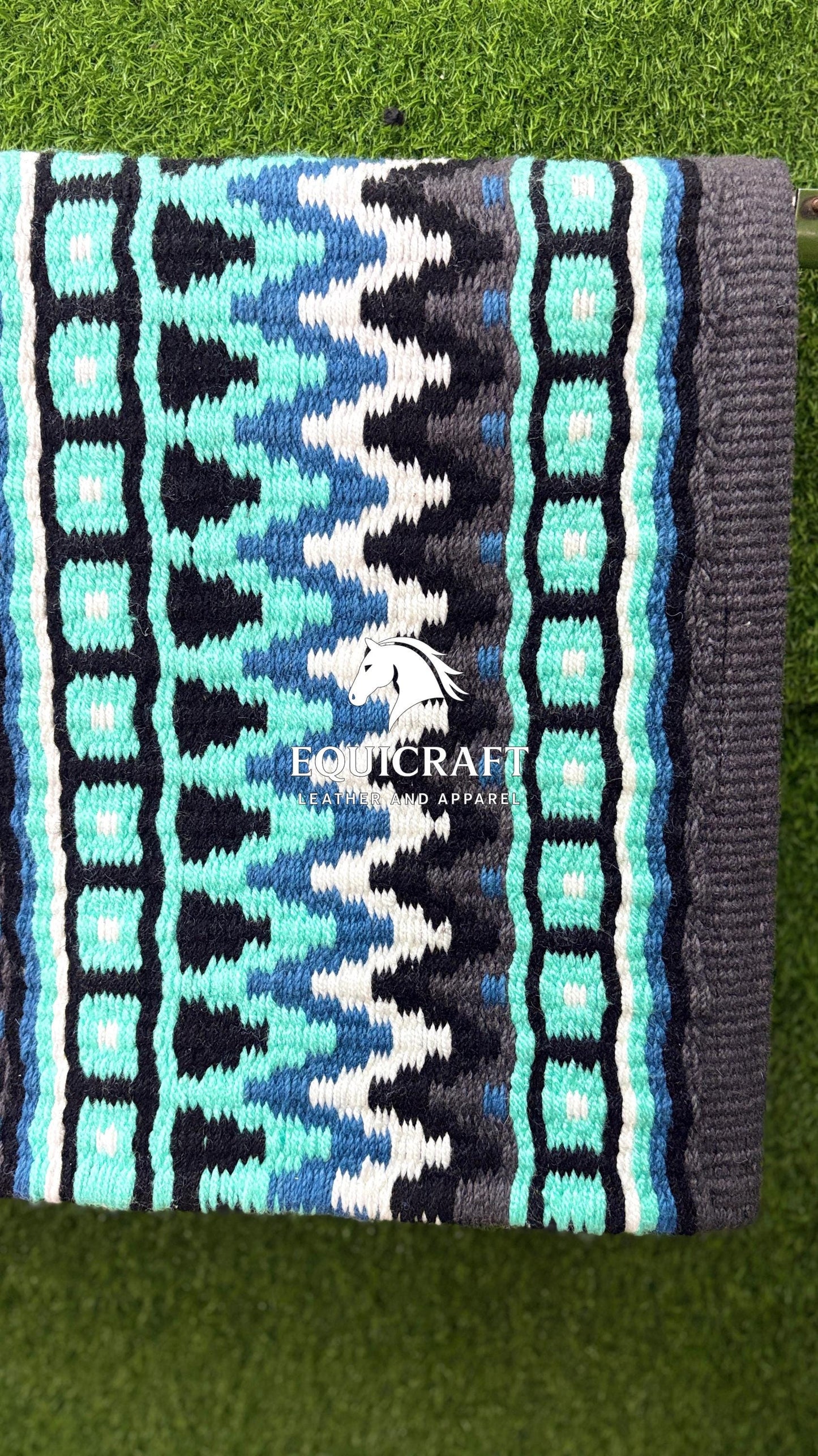 Black Mint Blue Wool Western Saddle Pad – Aztec Zigzag Show Pad | Horse Blanket Barrel Racing Rodeo Ranch Tack