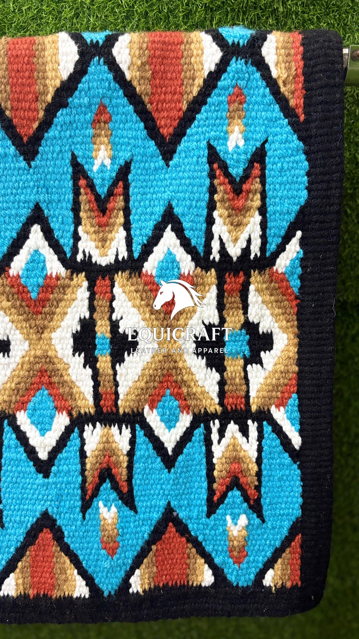Turquoise Red Gold Wool Western Saddle Blanket – Aztec Chevron Show Blanket | Horse Pad Barrel Racing Rodeo Tack