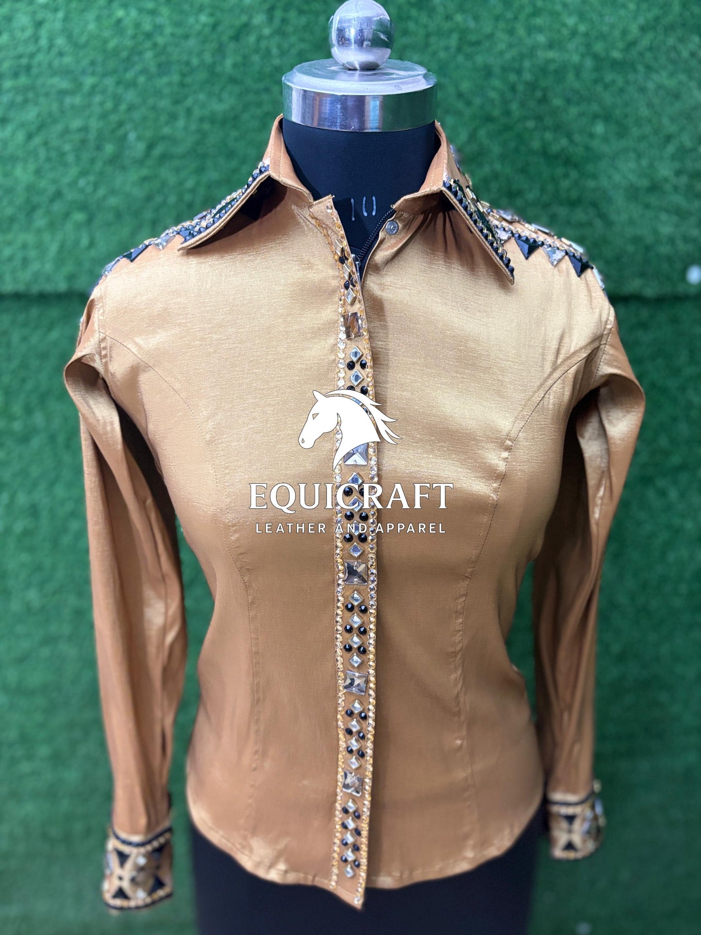 Womens Western Show Shirt | Gold Champagne Black Mirror Rhinestone Showmanship Shirt | Ladies Rodeo Queen Blouse | Horse Show Shirt