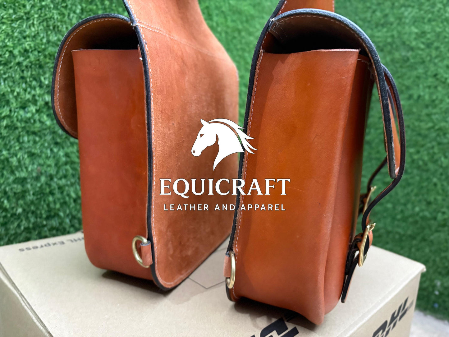 Tan Leather Western Saddle Bag – Double Buckle Plain Horse Trail Bag | Brass Hardware Grommet Cowboy Riding Tack