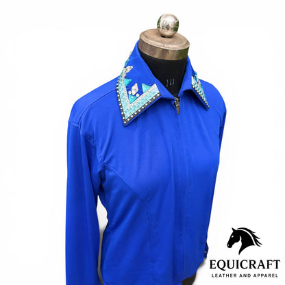 Womens Western Show Shirt | Royal Blue Rhinestone Turquoise Crystal Collar | Ladies Zip Showmanship Shirt | Horse Show Blouse
