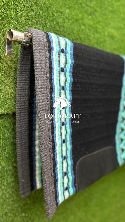 Black Mint Blue Wool Western Saddle Pad – Aztec Zigzag Show Pad | Horse Blanket Barrel Racing Rodeo Ranch Tack