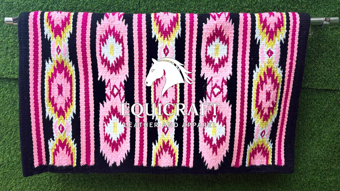 Aztec Western Saddle Blanket | Pink Black Show Pad | Hand-Woven Wool Horse Saddle Pad | Southwestern Ranch Trail Pad Gift for Rider