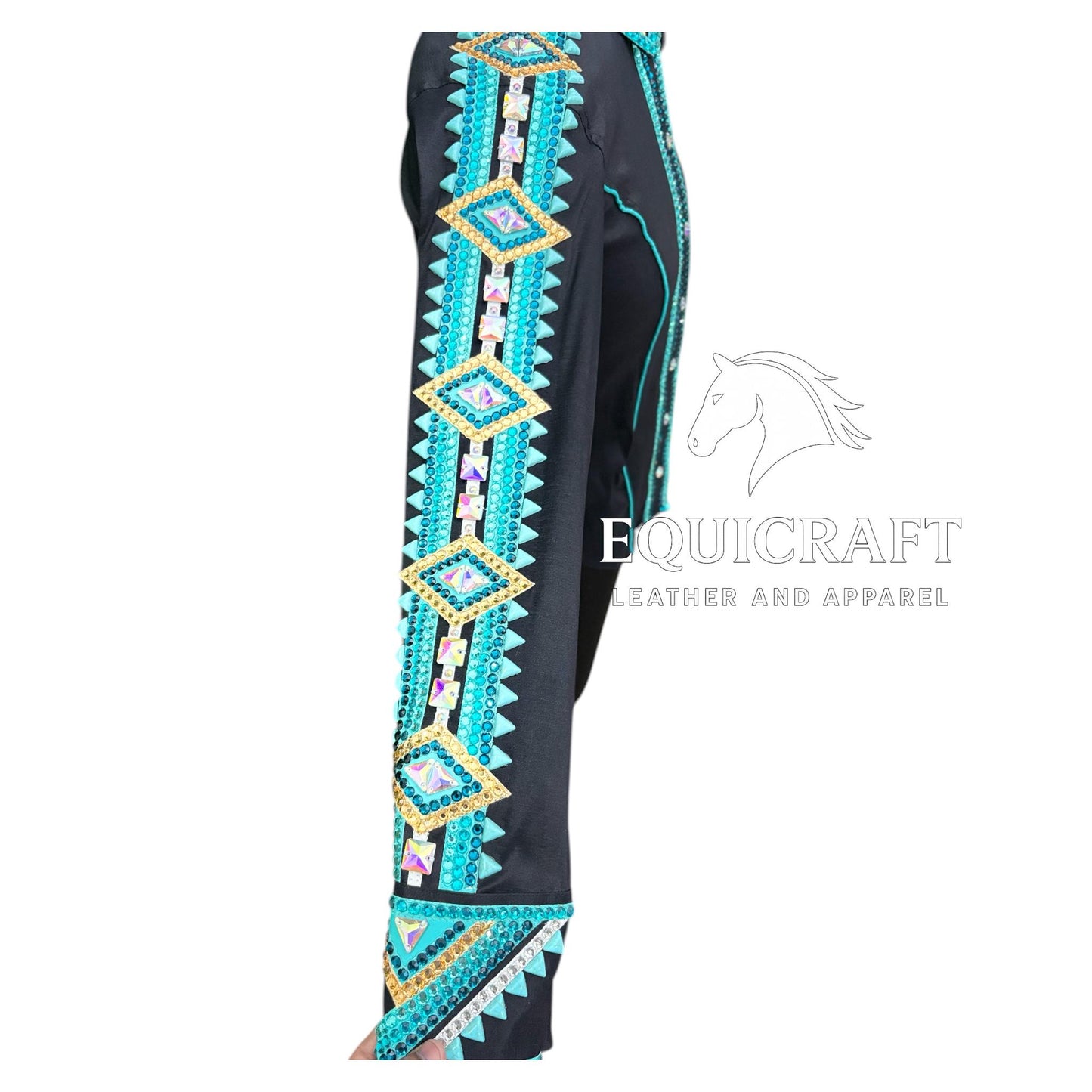 Womens Western Show Shirt | Black Turquoise Gold Rhinestone Showmanship Shirt | Ladies Crystal Yoke Rodeo Queen Blouse | Horse Show Shirt