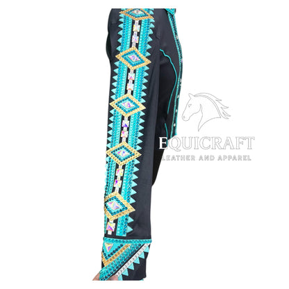 Womens Western Show Shirt | Black Turquoise Gold Rhinestone Showmanship Shirt | Ladies Crystal Yoke Rodeo Queen Blouse | Horse Show Shirt