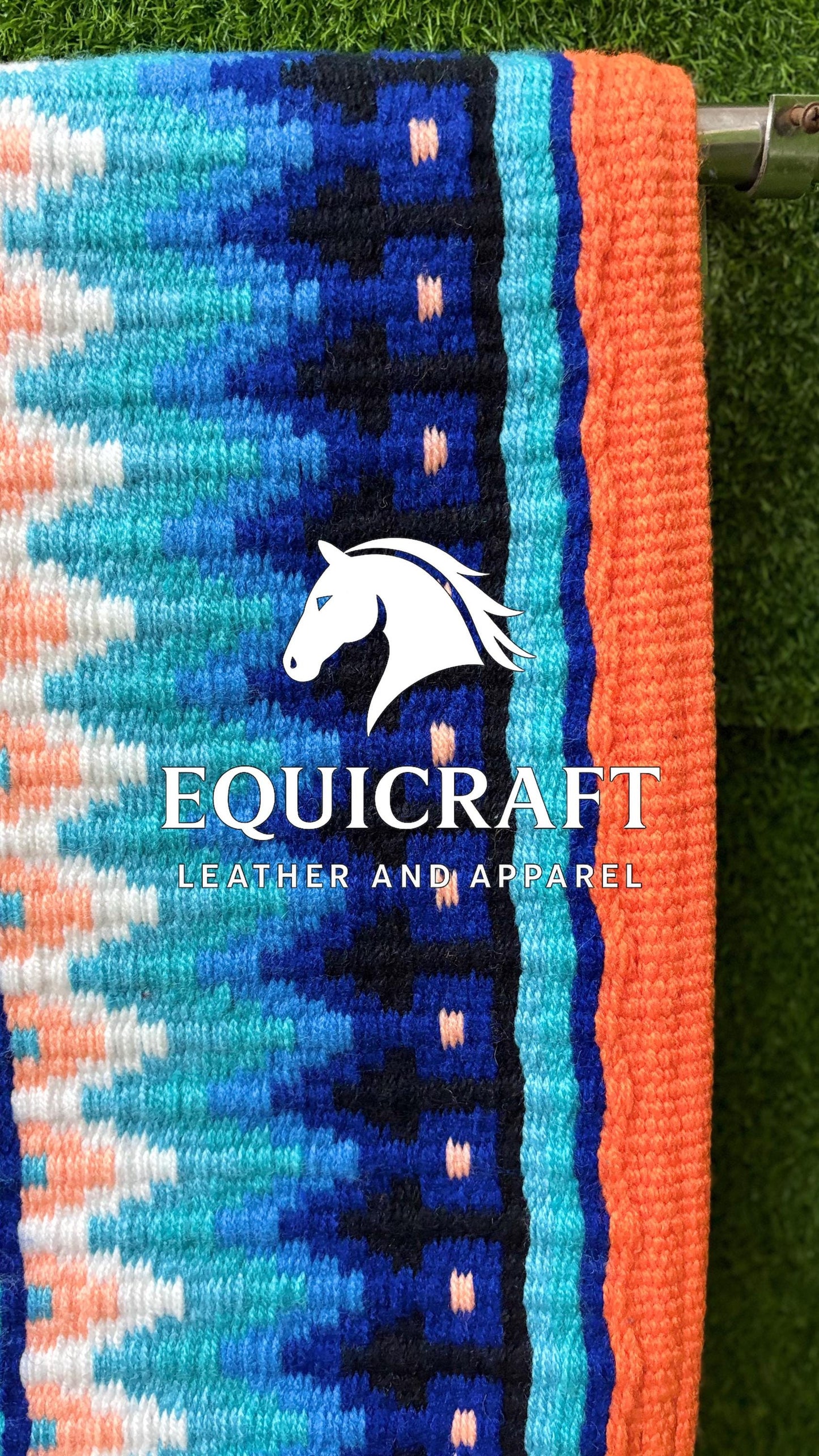 Western Show Saddle Pad | Blue Turquoise Coral Orange Wool Blanket | Hand-Woven Southwestern Horse Saddle Pad | Show Trail Pad