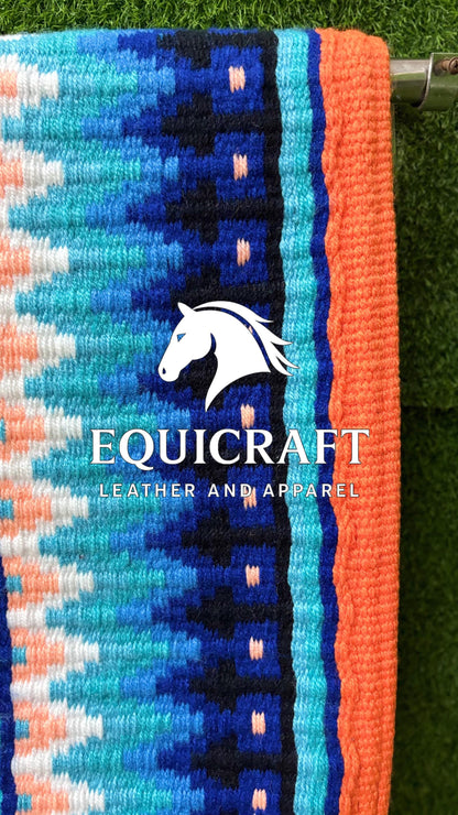 Western Show Saddle Pad | Blue Turquoise Coral Orange Wool Blanket | Hand-Woven Southwestern Horse Saddle Pad | Show Trail Pad