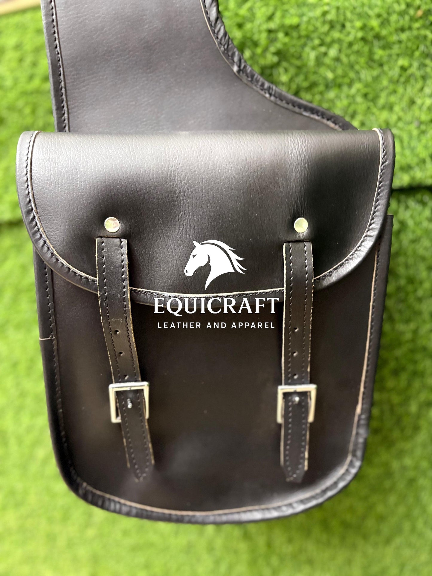 Black Leather Western Saddle Bag – Small Double Buckle Horse Trail Bag | Braided Edge Cowboy Riding Tack