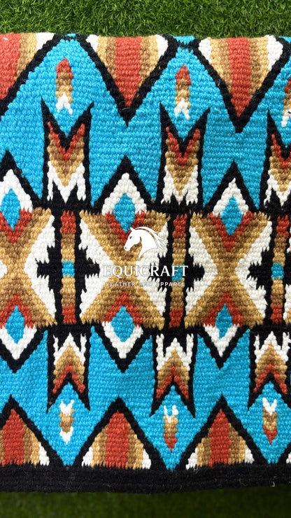 Turquoise Red Gold Wool Western Saddle Blanket – Aztec Chevron Show Blanket | Horse Pad Barrel Racing Rodeo Tack