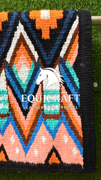 Western Saddle Blanket | Black Orange Peach Teal Wool Pad | Hand-Woven Southwestern Horse Saddle Blanket | Colorful Show Pad Equestrian Gift
