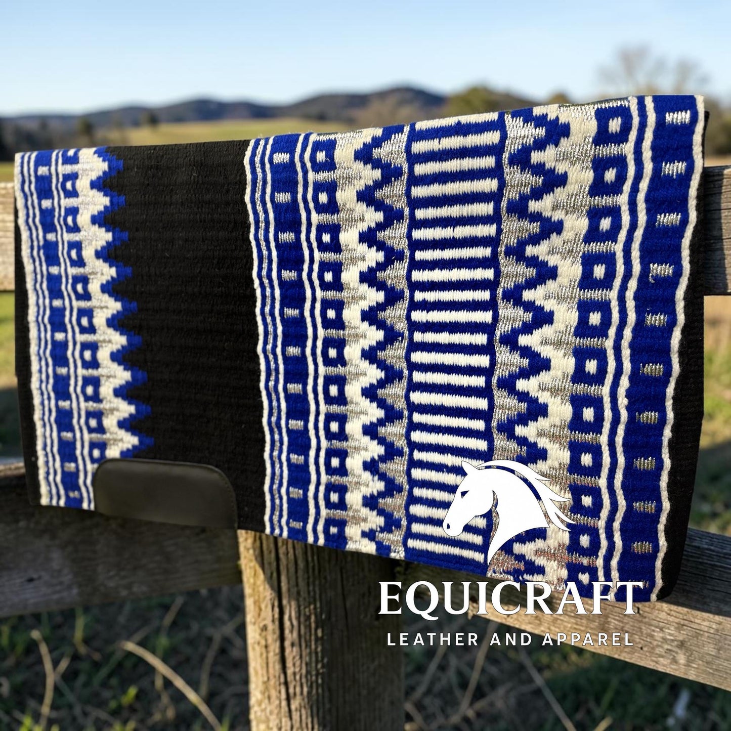 Royal Blue Black Wool Western Saddle Pad – Aztec Stripe Show Pad | Horse Blanket Barrel Racing Rodeo Ranch Tack SIZE 36X42
