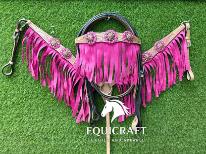 Hot Pink Fringe Crystal Concho Western Headstall & Breast Collar Set – Tooled Leather Horse Tack | Barrel Racing Rodeo