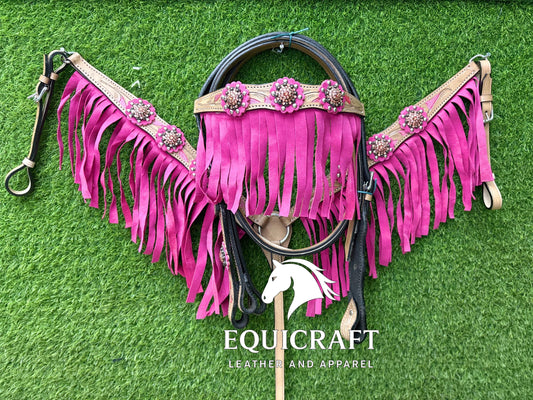 Hot Pink Fringe Crystal Concho Western Headstall & Breast Collar Set – Tooled Leather Horse Tack | Barrel Racing Rodeo
