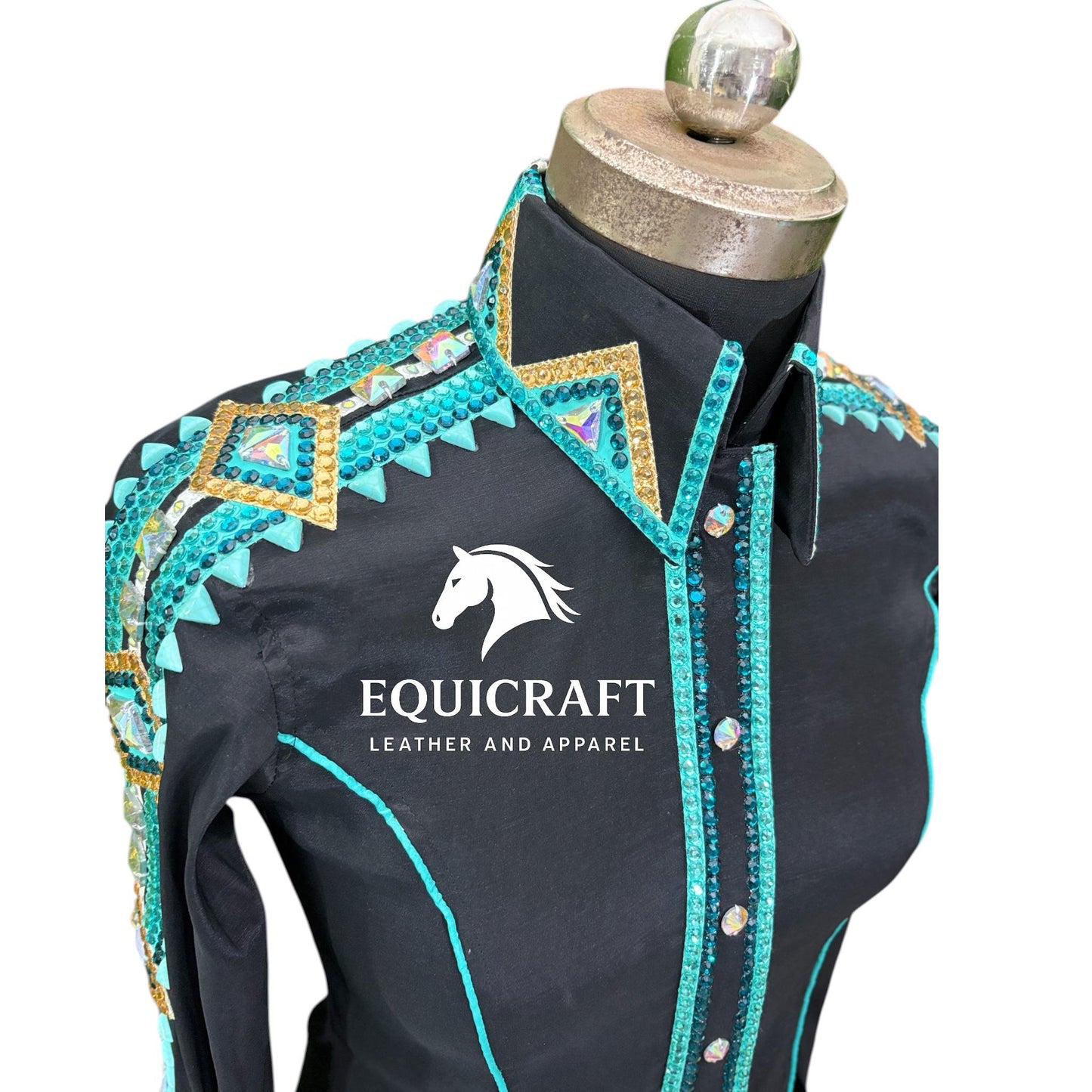 Womens Western Show Shirt | Black Turquoise Gold Rhinestone Showmanship Shirt | Ladies Crystal Yoke Rodeo Queen Blouse | Horse Show Shirt