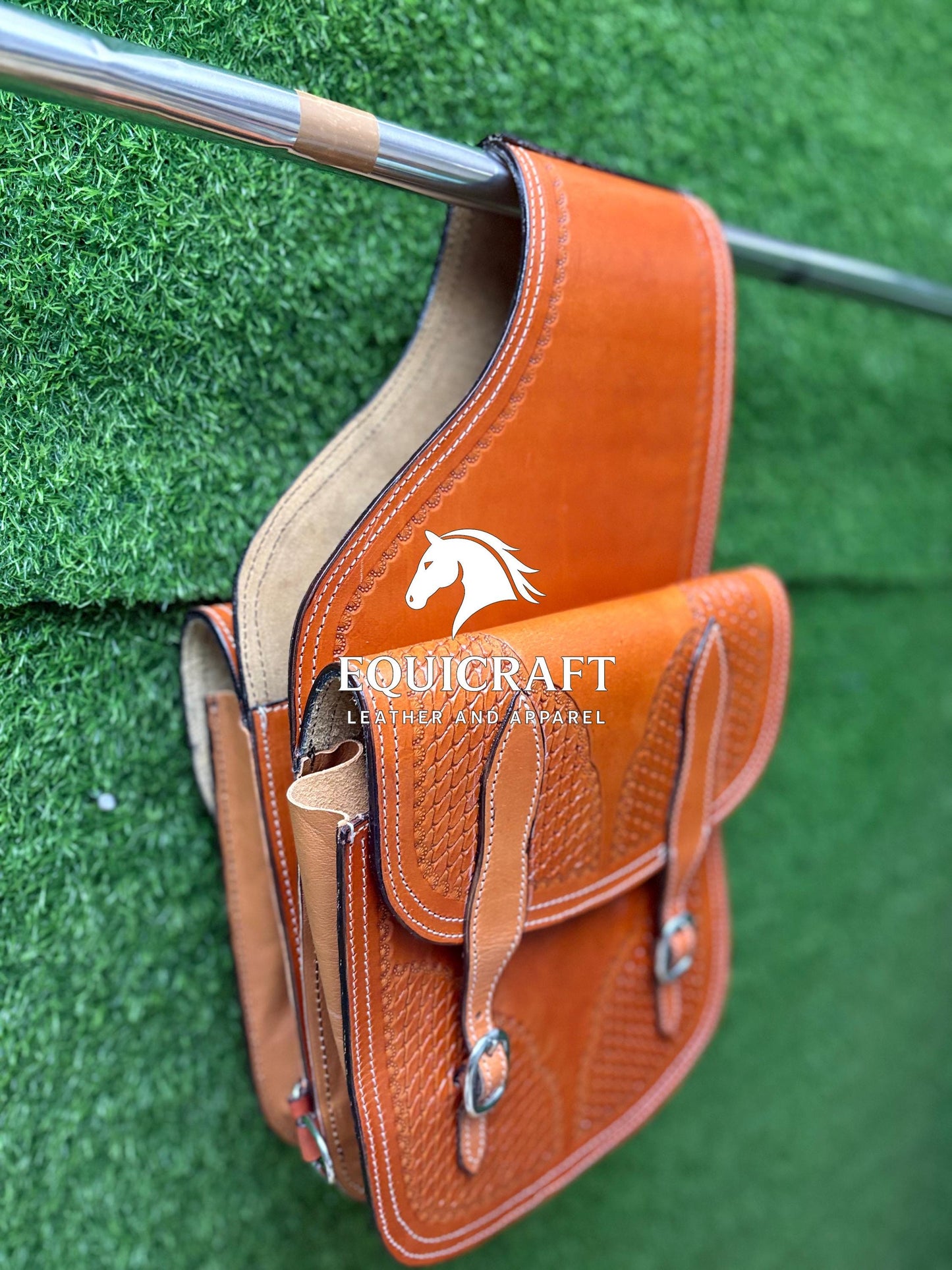 Tan Leather Western Saddle Bag – Basket Weave Tooled Double Buckle Horse Trail Bag | Cowboy Riding Tack
