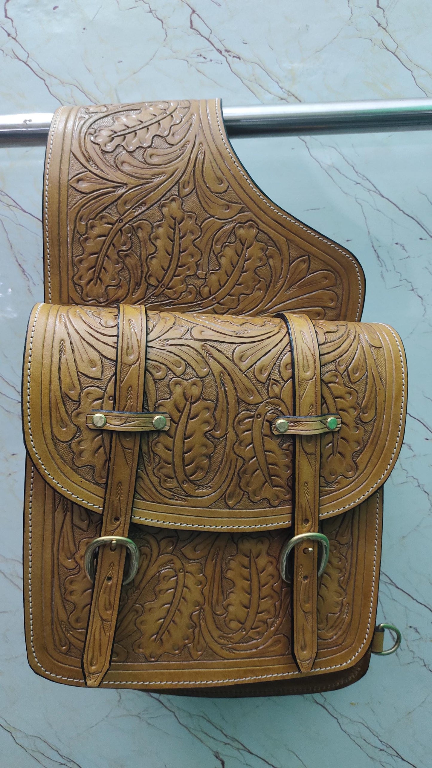 Tan Acorn Leaf Tooled Leather Western Saddle Bag – Double Buckle Brass Hardware Horse Trail Tack