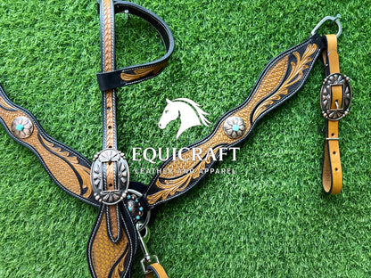 Two Tone Tooled Leather Western Breast Collar – Turquoise Concho Floral Carved Horse Tack | Barrel Racing Rodeo Gear