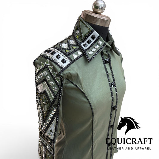 Green Western Show Shirt | Women's Rodeo Equestrian Apparel with Crystal Embellishments