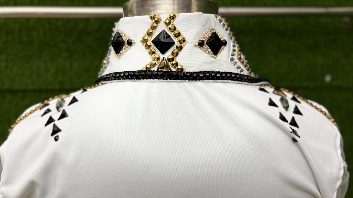 Womens Western Show Shirt | White Black Gold Stud Rhinestone Tulle Sleeve Showmanship Shirt | Ladies Rodeo Queen Blouse | Horse Show Shirt