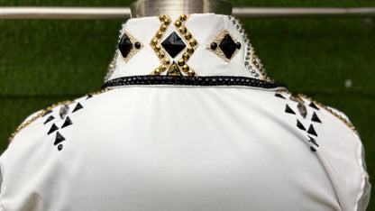 Womens Western Show Shirt | White Black Gold Stud Rhinestone Tulle Sleeve Showmanship Shirt | Ladies Rodeo Queen Blouse | Horse Show Shirt