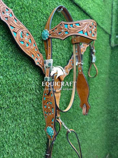 Hand Tooled Leather Headstall & Breast Collar Set – Turquoise Inlay Western Horse Tack | Floral Carved Rodeo Bridle