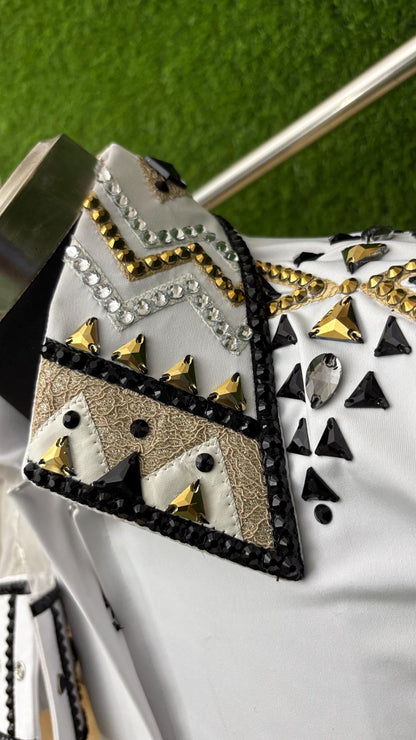 Womens Western Show Shirt | White Black Gold Rhinestone Tulle Sleeve Showmanship Shirt | Ladies Rodeo Queen Blouse | Horse Show Shirt Gift