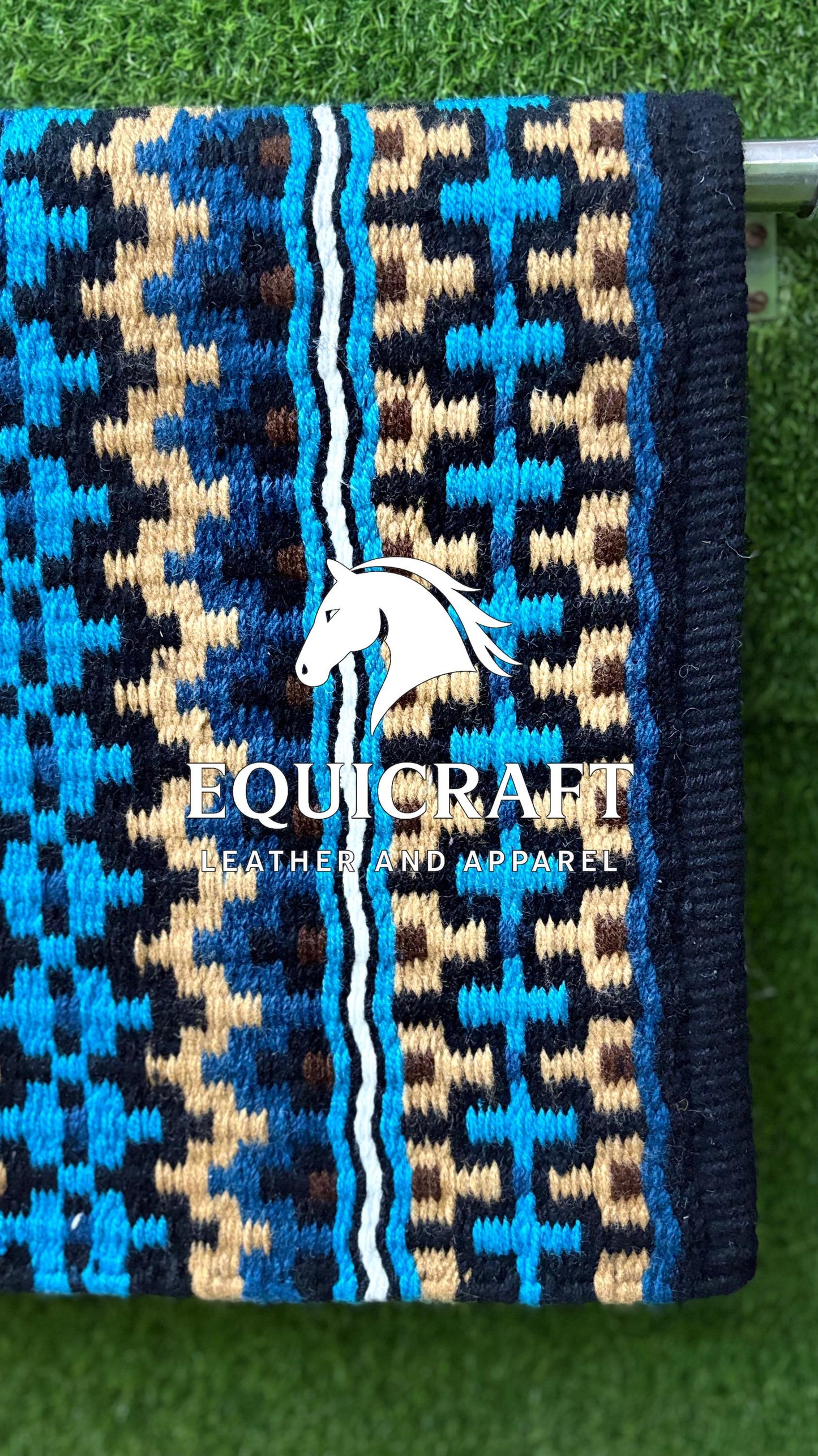 Aztec Western Show Saddle Pad | Black Turquoise Tan Wool Blanket | Hand-Woven Southwestern Horse Saddle Pad | Trail Pad Equestrian Gift