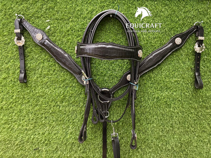 Black Crocodile Print Leather Western Headstall & Breast Collar Set – Crystal Concho Horse Tack | Barrel Racing Rodeo