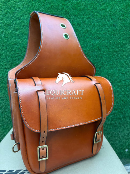 Tan Leather Western Saddle Bag – Double Buckle Plain Horse Trail Bag | Brass Hardware Grommet Cowboy Riding Tack