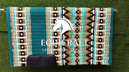 Western Show Saddle Pad | Teal Gold Black White Wool Blanket | Hand-Woven Southwestern Horse Saddle Pad | Show Trail Pad Equestrian Gift