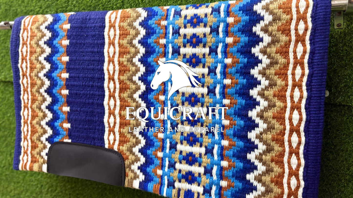 Western Show Saddle Pad | Royal Blue Rust Tan White Wool Blanket | Hand-Woven Southwestern Horse Saddle Pad | Trail Pad Equestrian Gift