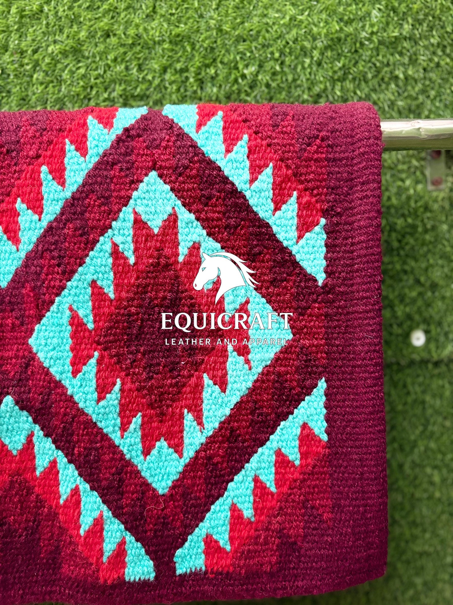 Aztec Western Saddle Blanket | Burgundy Turquoise Red Wool Pad | Hand-Woven Southwestern Horse Saddle Blanket | Show Pad