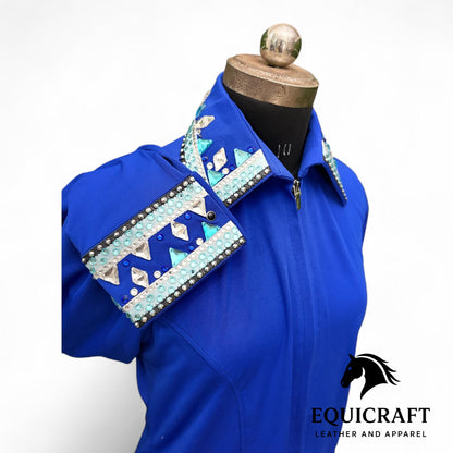 Womens Western Show Shirt | Royal Blue Rhinestone Turquoise Crystal Collar | Ladies Zip Showmanship Shirt | Horse Show Blouse