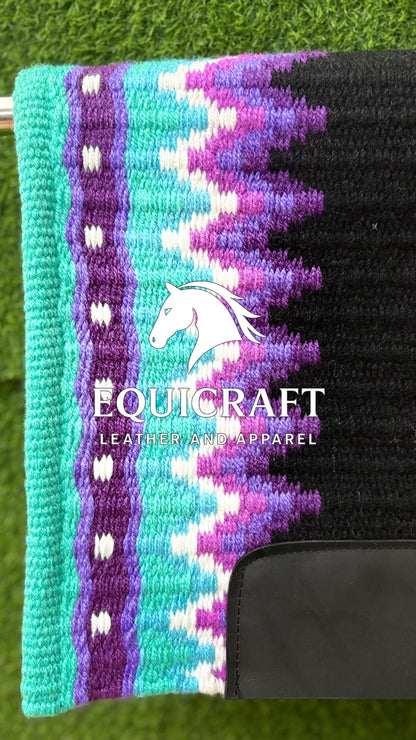 Aztec Western Show Saddle Pad | Teal Purple Pink Black Wool Blanket | Hand-Woven Southwestern Horse Saddle Pad | Barrel Racing Pad