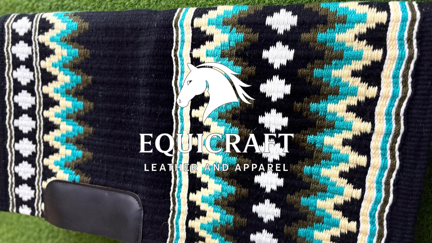 Western Show Saddle Pad | Black Turquoise Olive Cream Wool Blanket | Hand-Woven Southwestern Horse Saddle Pad | Show Trail Pad
