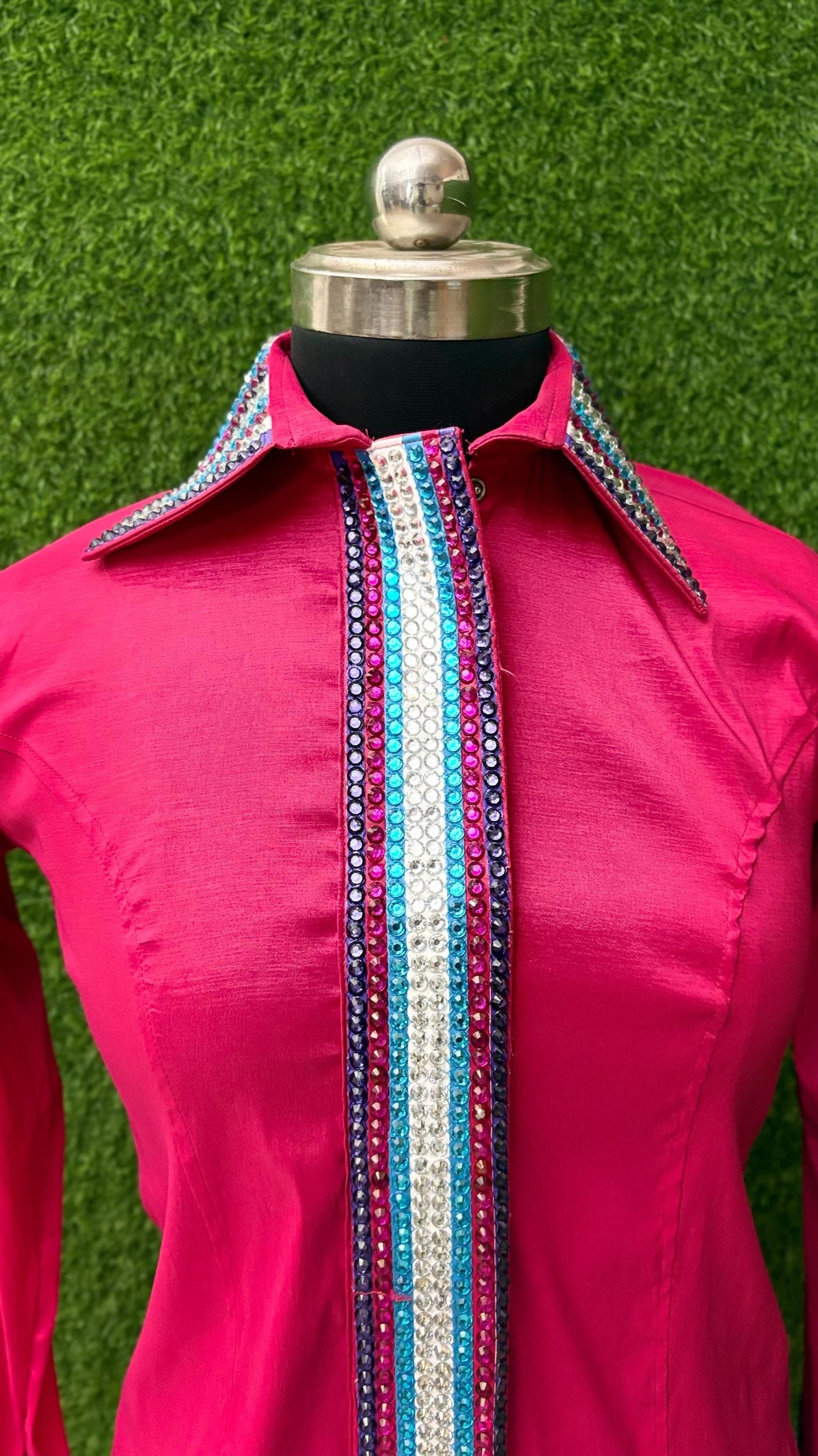 Womens Western Show Shirt | Hot Pink Multicolor Striped Rhinestone Showmanship Shirt | Ladies Rodeo Queen Blouse | Horse Show Shirt