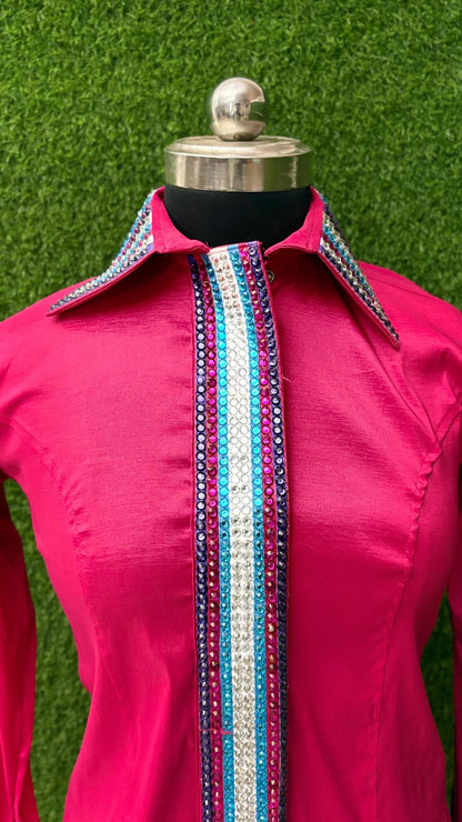 Womens Western Show Shirt | Hot Pink Multicolor Striped Rhinestone Showmanship Shirt | Ladies Rodeo Queen Blouse | Horse Show Shirt