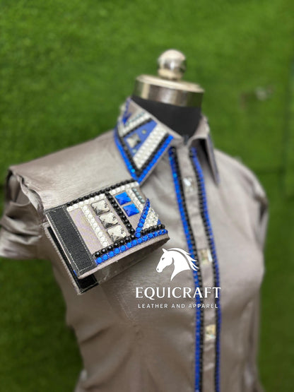 Womens Western Show Shirt | Silver Blue Black Rhinestone Crystal Showmanship Shirt | Ladies Rodeo Queen Blouse | Horse Show Shirt